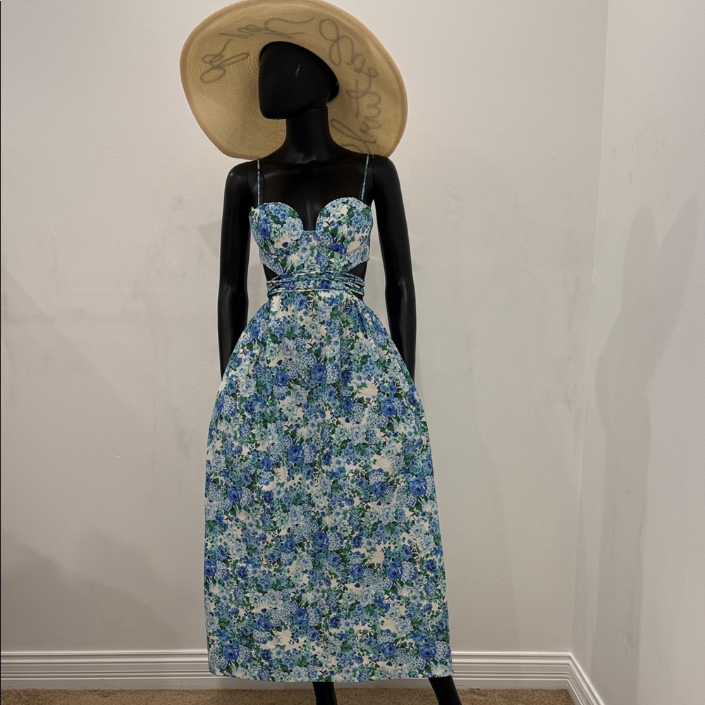 Magda Butrym Blue Floral Bustier Midi Dress 36 Garden Party Hamptons Style NeW